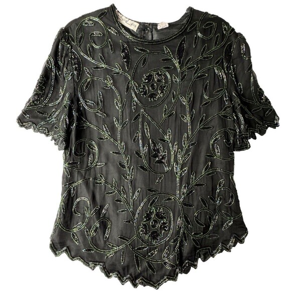 Scala Tops - Vintage Scala 100% Pure Silk Black GreenBeaded top Blouse Shirt size XL Glamour